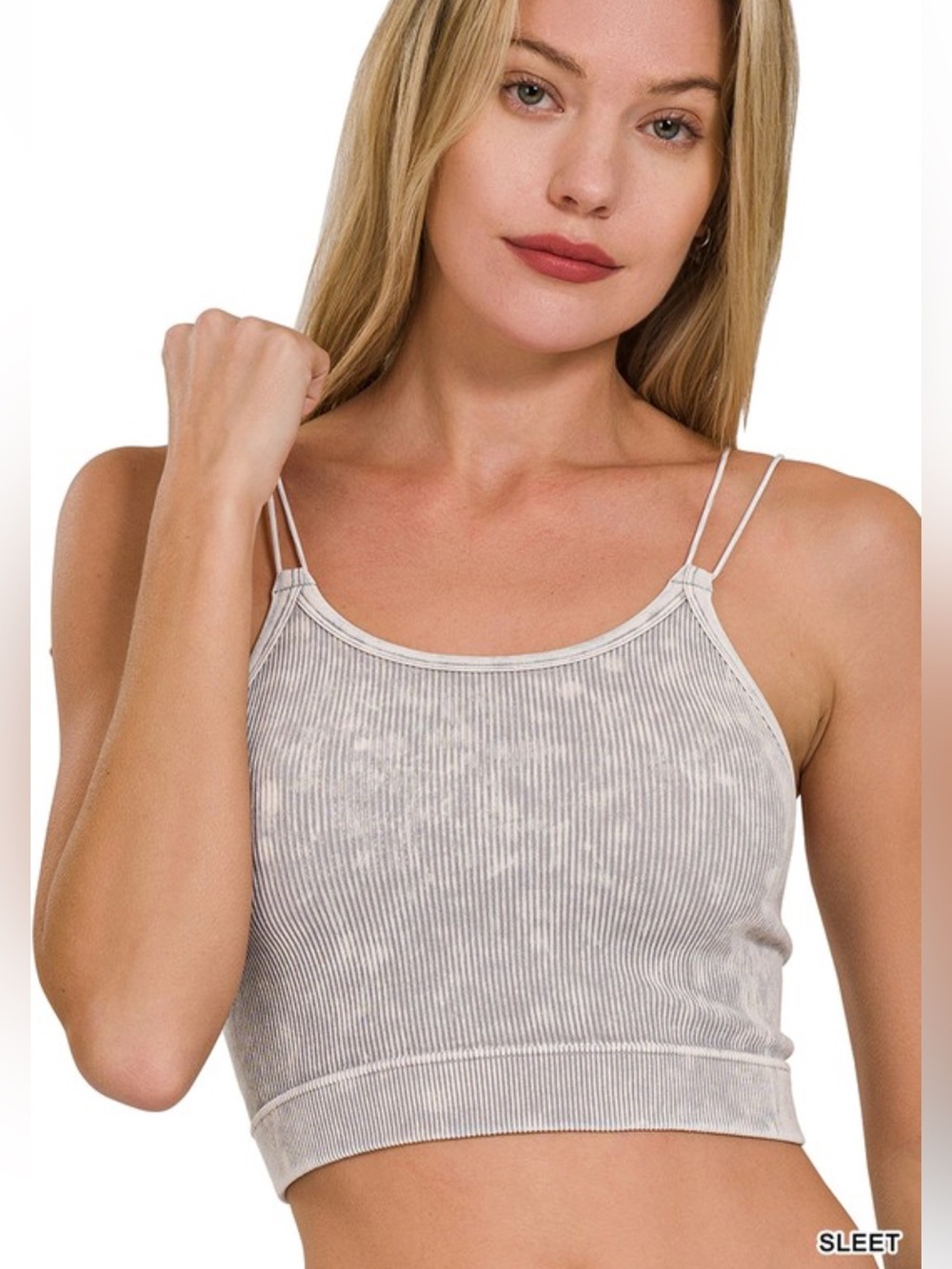Zenana Washed Ribbed Seamless Double Strap Brami NWT, Sleet